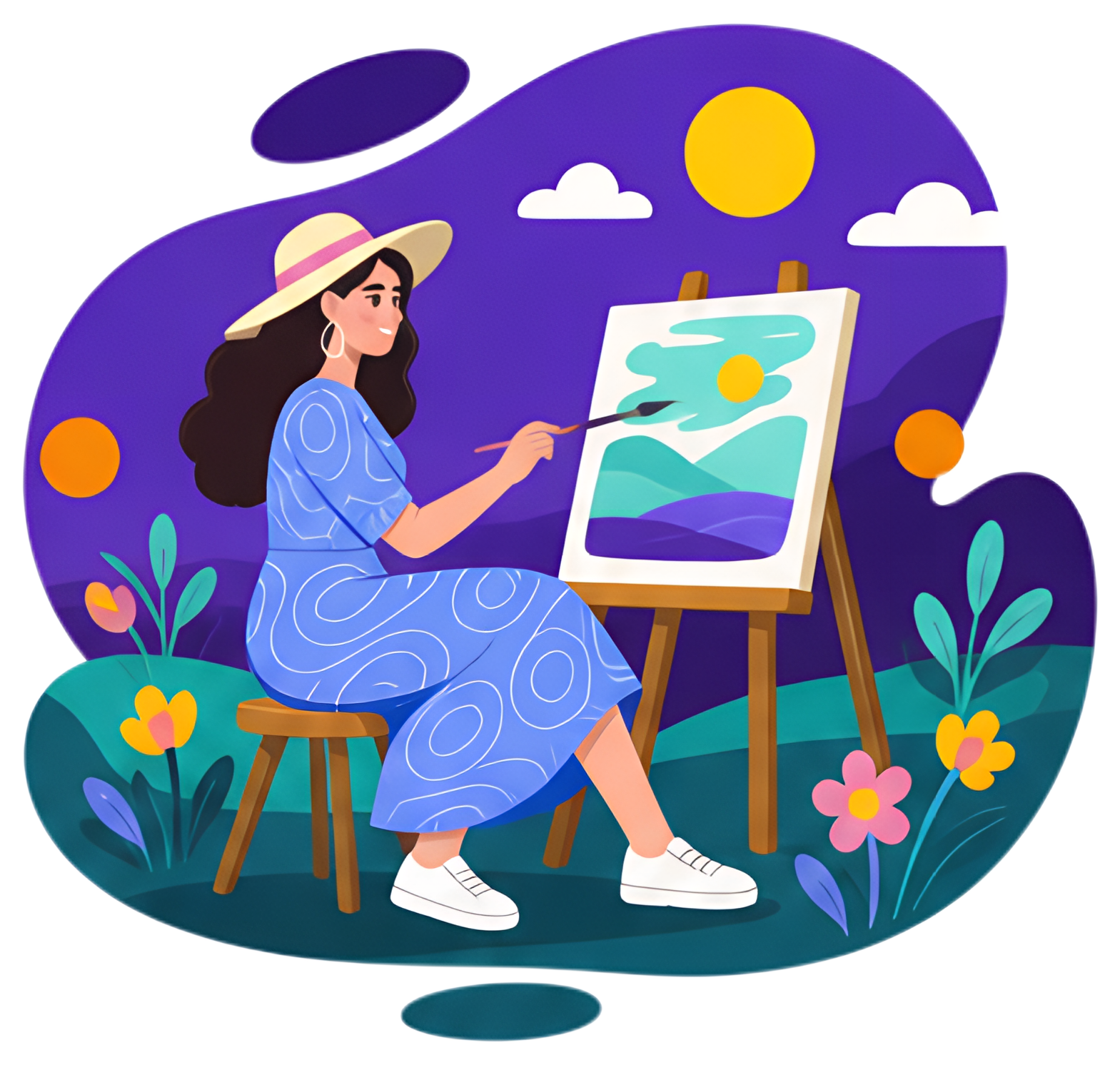 A woman sits on a stool, painting on an easel in a vibrant meadow filled with flowers. She wears a blue dress with swirling patterns and a wide-brimmed hat, surrounded by a bright purple sky and a sun