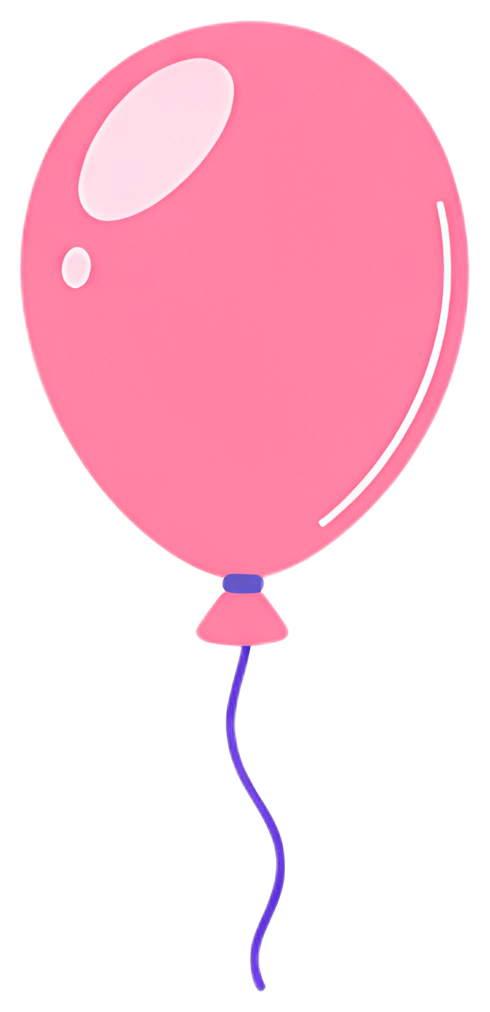 A vibrant pink balloon is gracefully floating against a simple backdrop, featuring a shiny reflection and a purple string. The design is clean and minimal, emphasizing the balloon's round shape and gl