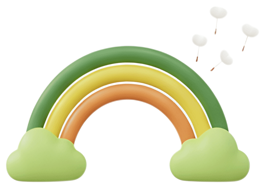 A vibrant rainbow arches overhead with bright green, yellow, and orange bands, accompanied by fluffy green clouds at each end. Whimsical white elements resembling cotton puffs float above the rainbow,