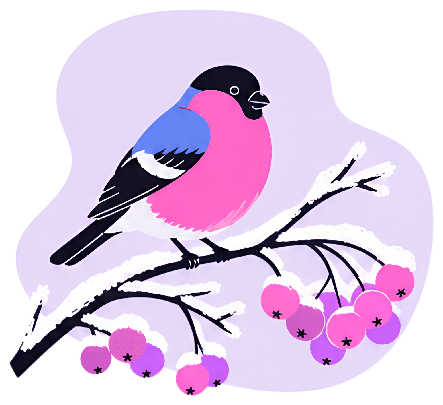 A bullfinch with a vibrant pink belly and blue wings perches on a frost-covered rowan branch bearing clusters of pink berries. The background is a soft pastel purple, enhancing the illustration's warm