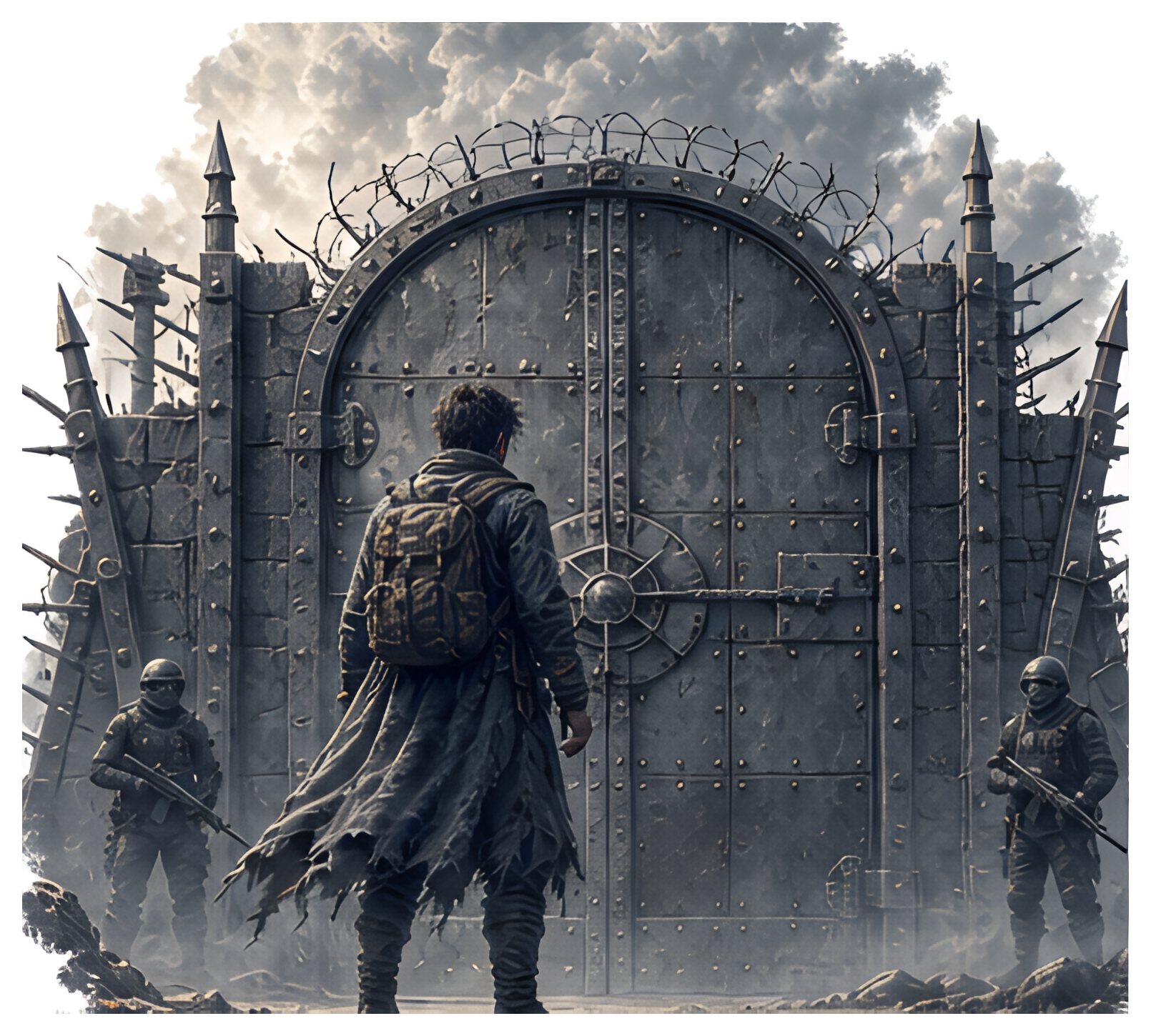 A character in tattered clothing stands facing a large, barred metal door marked with '403'. Surrounding the door are barbed wire and guards poised with weapons, creating a tense atmosphere.