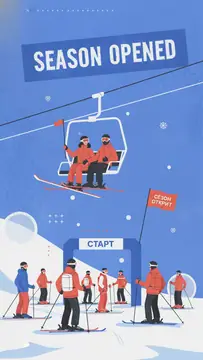 A lively winter scene showing skiers ready at the start line under a blue sky. Two skiers on a lift smile as they ascend, while others gather around a sign that reads 'Старт' and a flag declaring 'Сез
