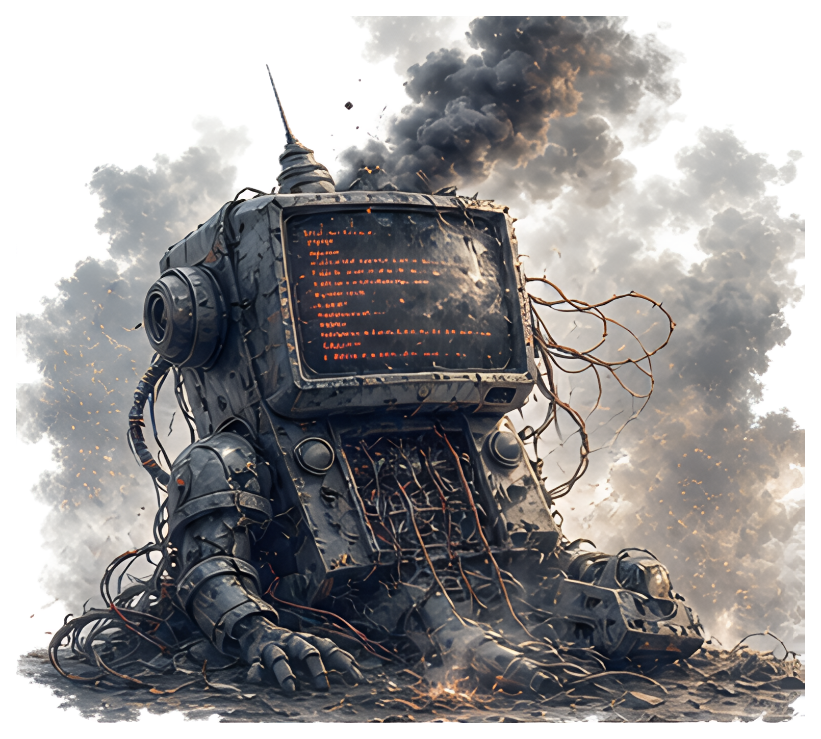 A distressed robot server sits amidst a cloud of smoke with wires protruding from its body. The screen displays a red error code indicating a server malfunction, while debris and sparks surround it,  