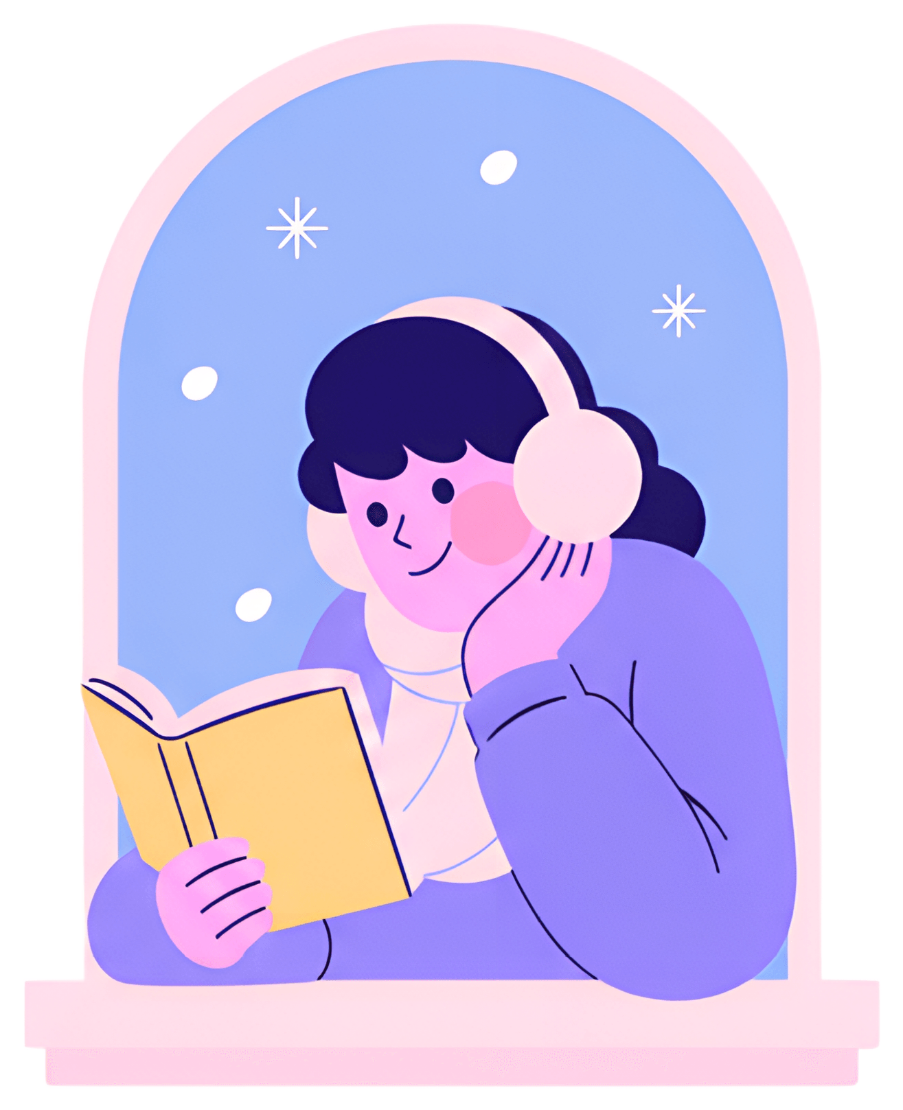 A cozy illustration shows a person leaning on a windowsill, deeply engrossed in a yellow book. The character wears headphones and a warm scarf, surrounded by a serene blue backdrop with floating snow,