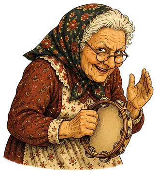 Mischievous old woman with tambourine