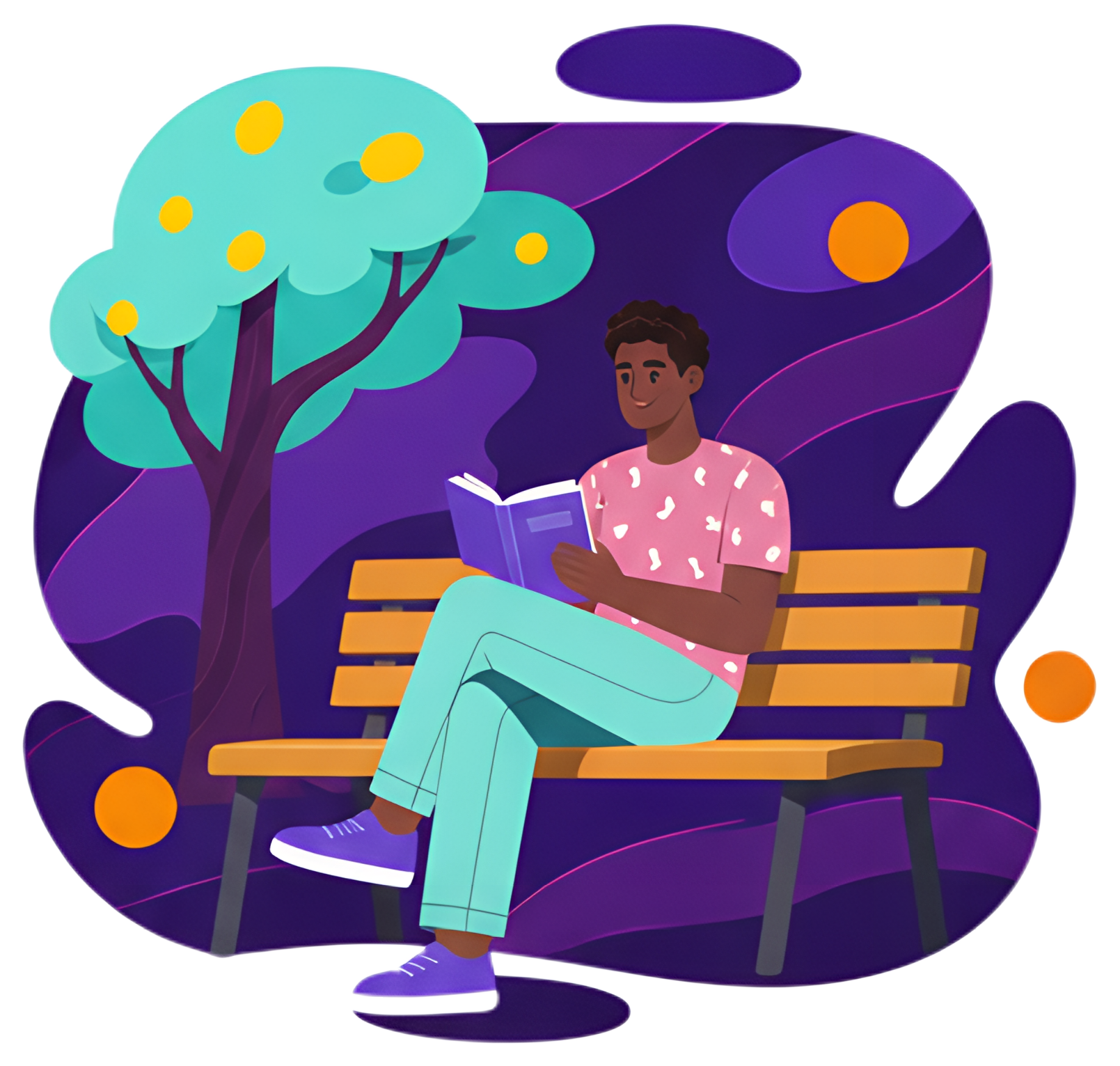 A person sitting on a wooden bench is intently reading a book in a vibrant park scene, surrounded by a stylized green tree and a colorful background. The individual wears a pink shirt with patterns, a