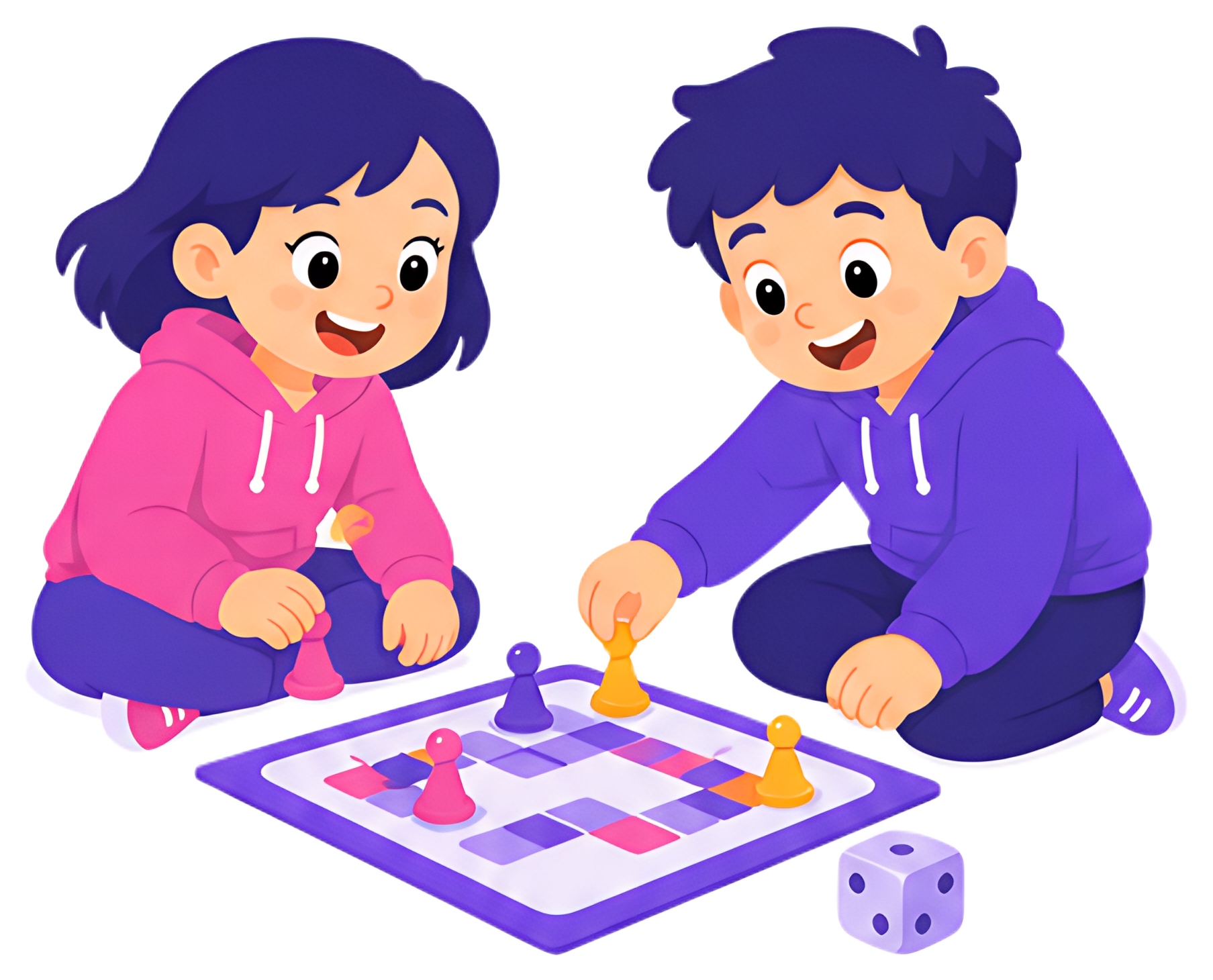 Two children, a girl and a boy, are joyfully engaged in a board game on the floor. They are dressed in colorful hoodies, with the girl holding a purple pawn and the boy reaching for an orange pawn, a