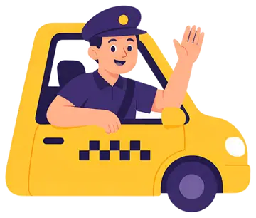 Friendly taxi driver waving from window