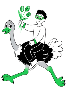 Boy in Glasses Riding an Ostrich with Tulips