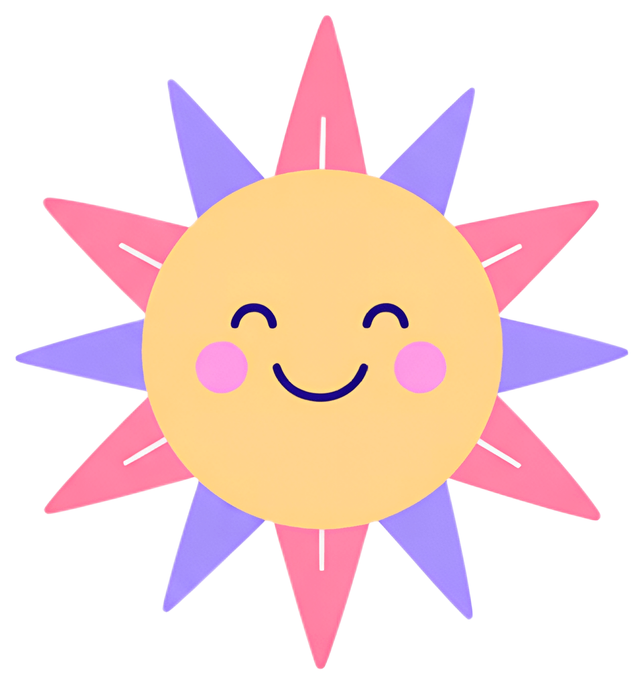 A cheerful sun features a smiling face, surrounded by colorful rays in shades of pink and blue. The bright, warm yellow of the sun's core adds a friendly and inviting feel to the design.