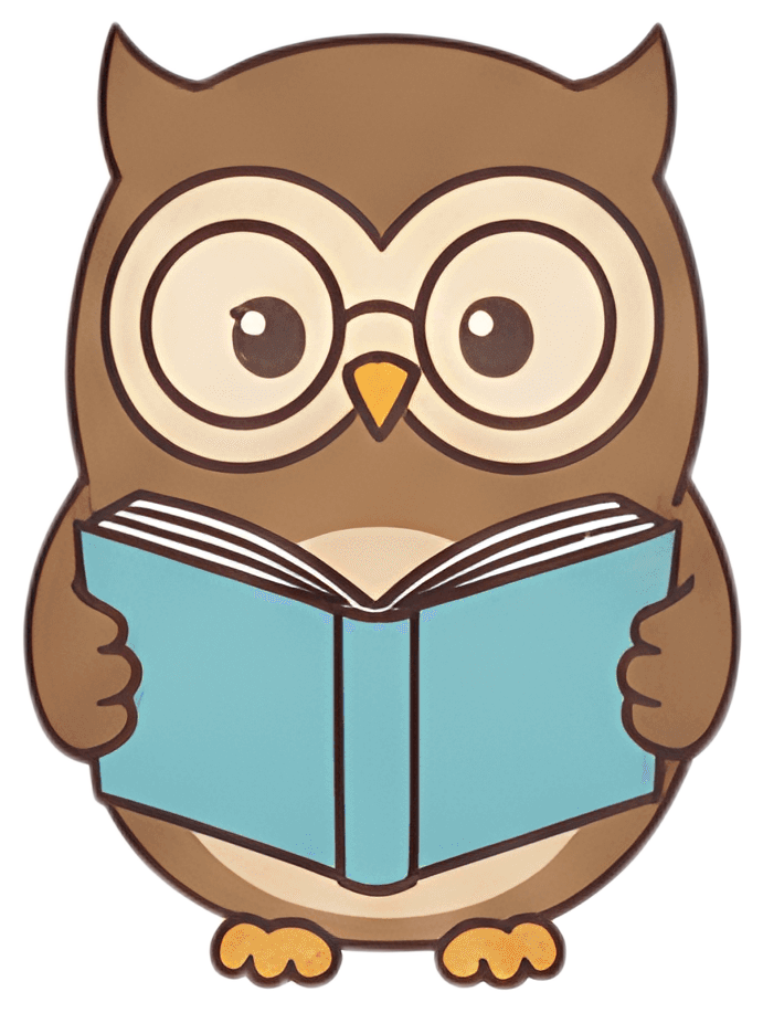 A cute owl wearing large glasses holds an open book, its wings gripping the sides. The book is blue with white pages, and the owl features soft brown and cream colors, creating an adorable and studius