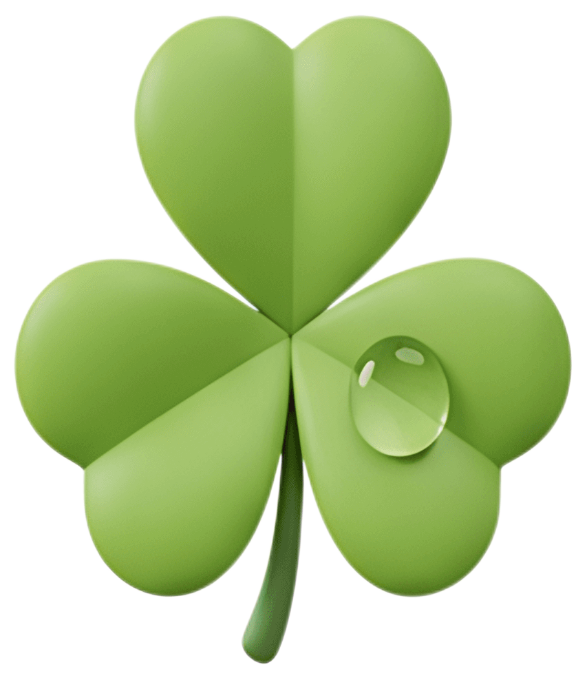 A vibrant green clover leaf features a single dew drop that sits on its surface, enhancing its freshness. The design is smooth and glossy, giving it a modern and appealing look.