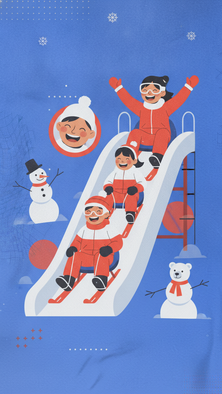 Joyful Kids Playing on a Snow Slide