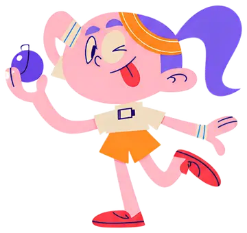 A cheerful character with pink skin and a playful expression, winking and sticking out their tongue while holding a small purple object. Dressed in a white shirt and orange shorts, the character has a