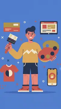 A cheerful designer holds a large paintbrush and a colorful palette, surrounded by floating graphics of business cards, a website, merchandise, and a smartphone. The scene features a warm color scheme