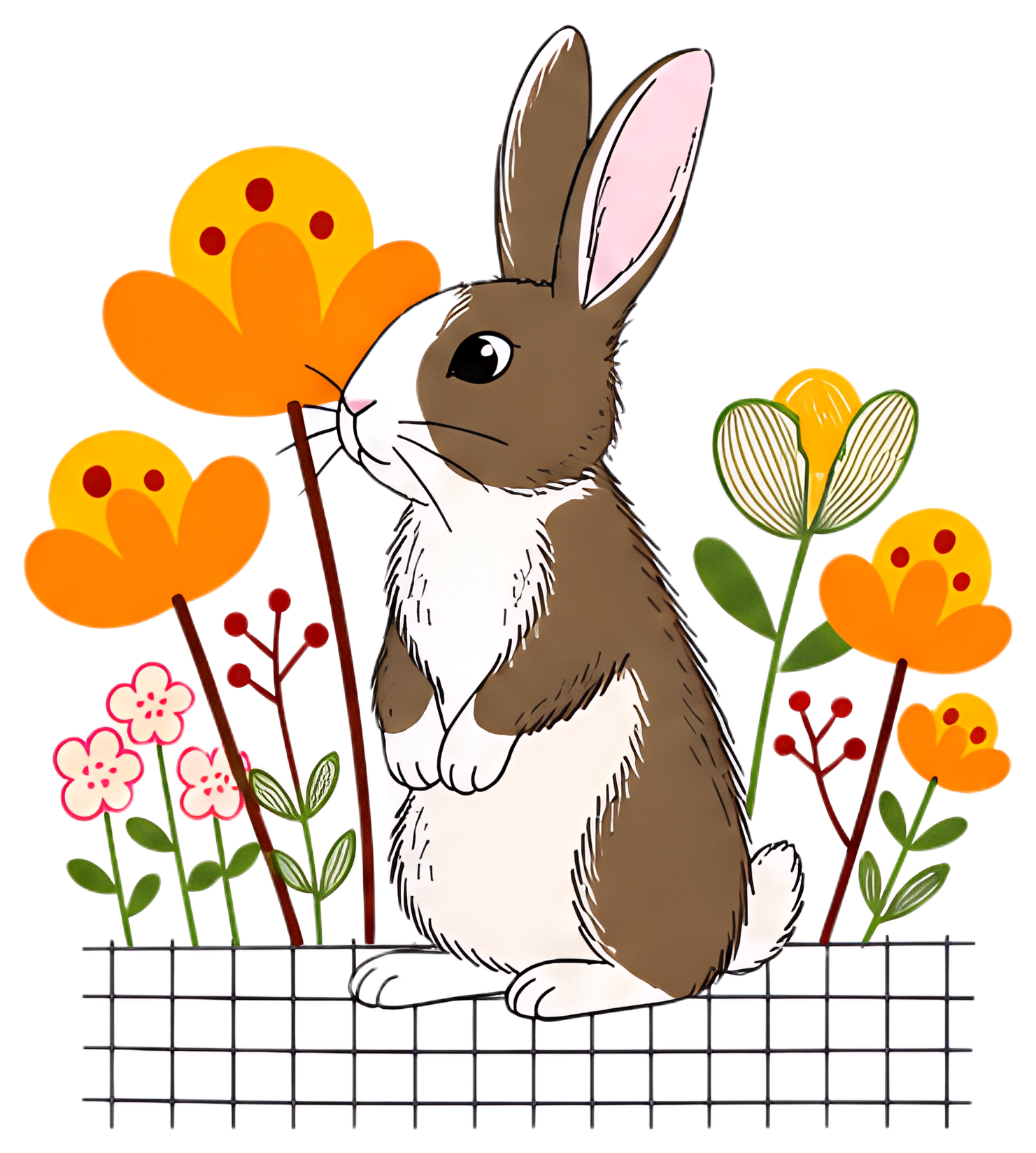 A brown and white rabbit stands on its hind legs, gazing sideways among vibrant orange and pink flowers. The rabbit's long ears and furry texture are prominent, set against a grid pattern at its feet,