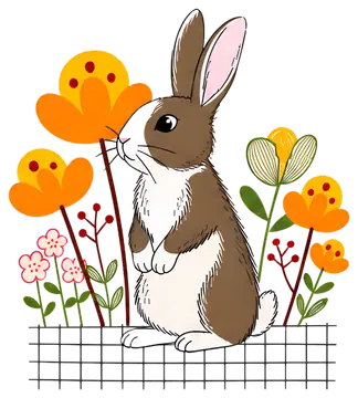 Brown and White Rabbit Among Colorful Flowers