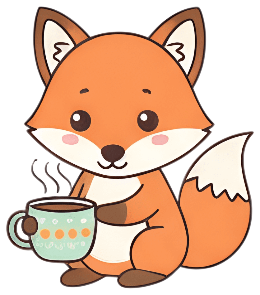 A cheerful orange fox sits contentedly, holding a teal mug with decorative circles while steam rises from it. The fox has a white underbelly and cute pink cheeks, with a bushy tail featuring a white-t