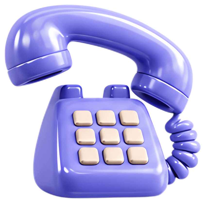 A 3D rendered purple telephone with a spiral cord and a keypad featuring nine beige buttons. The design is glossy and stylized, showcasing a retro aesthetic with a playful vibe.