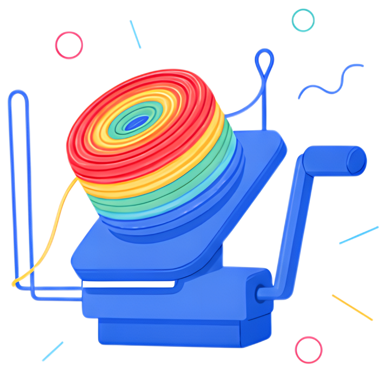 A vibrant yarn winder features a rainbow-colored yarn cake stacked in circular layers, with a bright blue base and handle. Colorful design accents add energy to the scene, enhancing the playful feel.