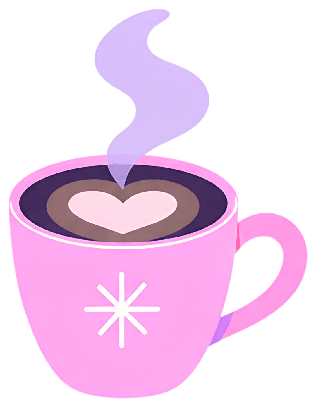 A pink coffee cup features a heart-shaped foam design on top of dark coffee, with a swirl of steam rising above. The cup has a playful star icon on its side, adding a whimsical touch to the scene.
