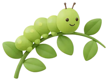 Smiling green caterpillar on leafy branch