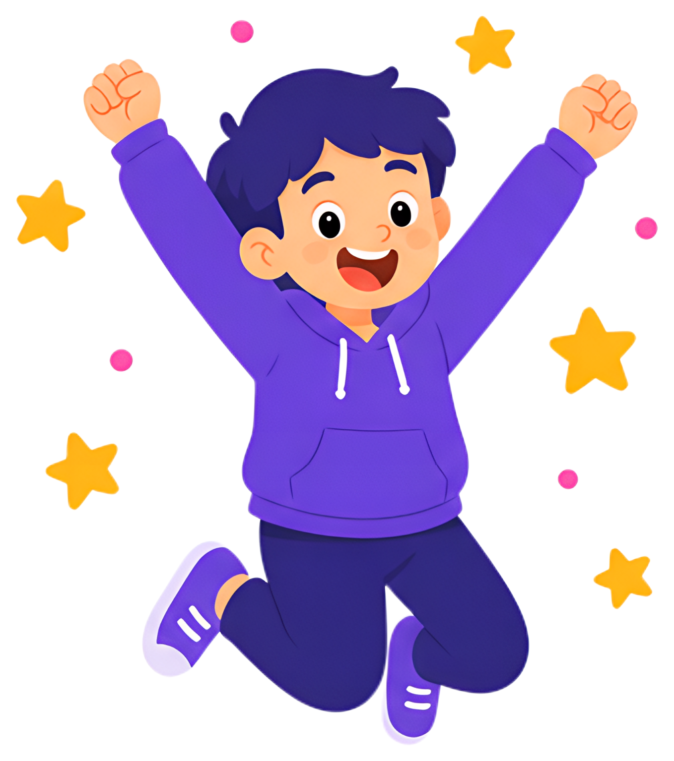 A cheerful boy wearing a purple hoodie and dark pants, jumping in the air with his arms raised in excitement. Colorful stars and pink dots surround him, enhancing the playful atmosphere.