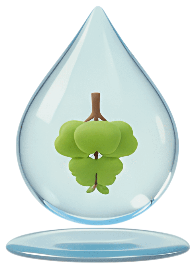 A playful illustration of a water droplet encasing a tiny upside-down tree. The tree features lush green foliage and a small brown trunk, creating a vibrant reflection within the clear and shiny dropl