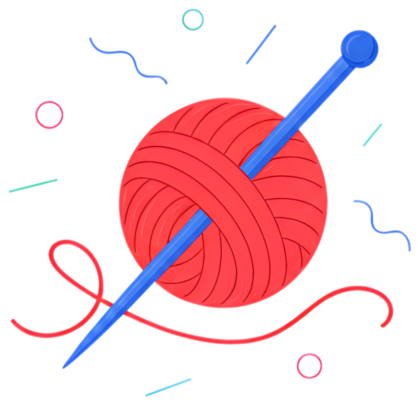 A bright red ball of yarn is prominently featured, with a blue knitting needle inserted through it. The background includes playful, abstract lines in blue and red, enhancing the colorful and creative