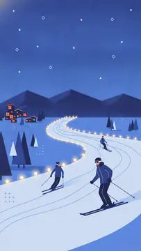 Skiers glide down a well-lit snowy trail surrounded by coniferous trees and mountains under a starry night sky. The scene features glowing resort lights and a tranquil winter atmosphere, highlighting 