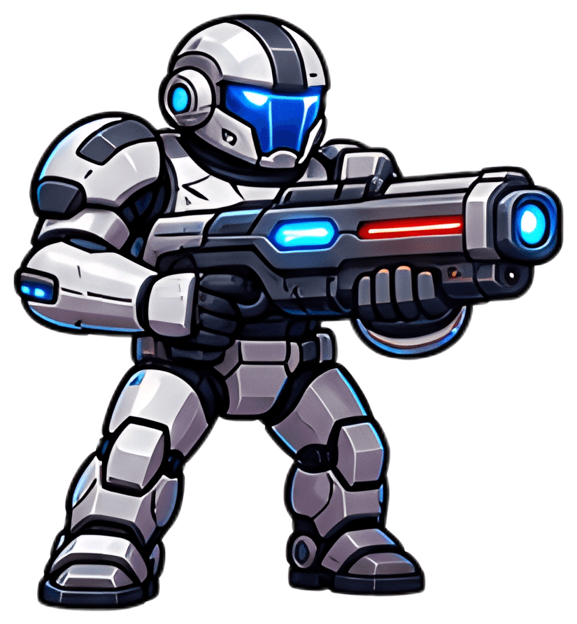 A futuristic, stylized space warrior in sleek gray armor is prominently posed holding a blaster. The blaster features bright blue and red accents, highlighting the advanced technology, while the armor