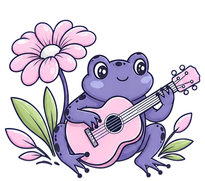 Purple frog playing guitar with flower