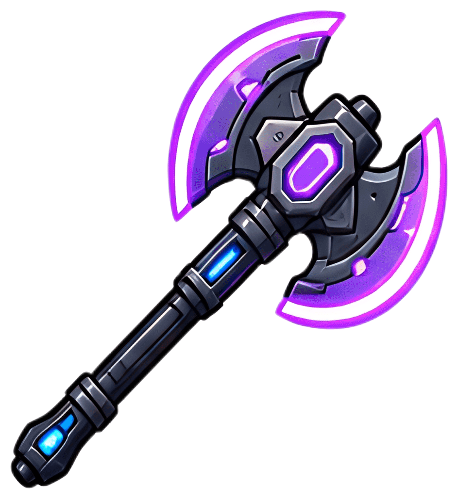 A futuristic space axe featuring a dual-blade design with glowing energy edges in purple and blue tones. The axe handle is sleek and black, enhancing its sci-fi aesthetic. The overall style blends a 3