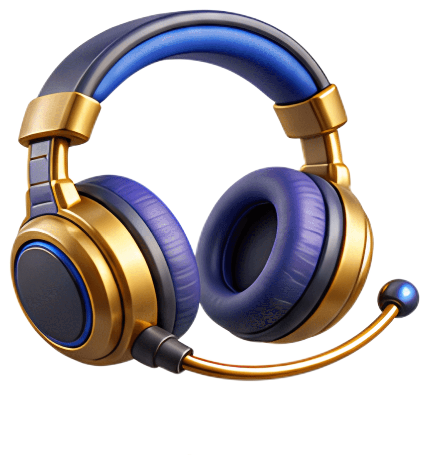 A sleek pair of gaming headphones featuring a gold and black design with blue accents. The ear pads are plush, and the adjustable microphone extends from the left side, ready for in-game communication