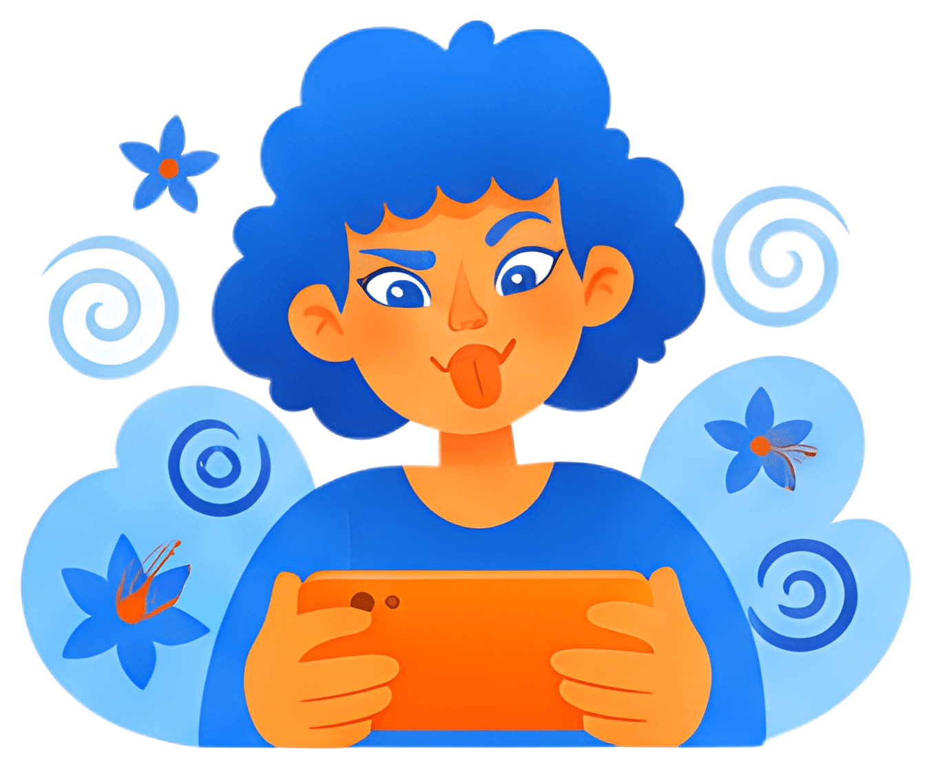 A girl with bright blue curly hair sticks her tongue out while holding an orange smartphone to take a selfie. Surrounding her are various stylized blue flowers and playful swirls, adding a fun and che