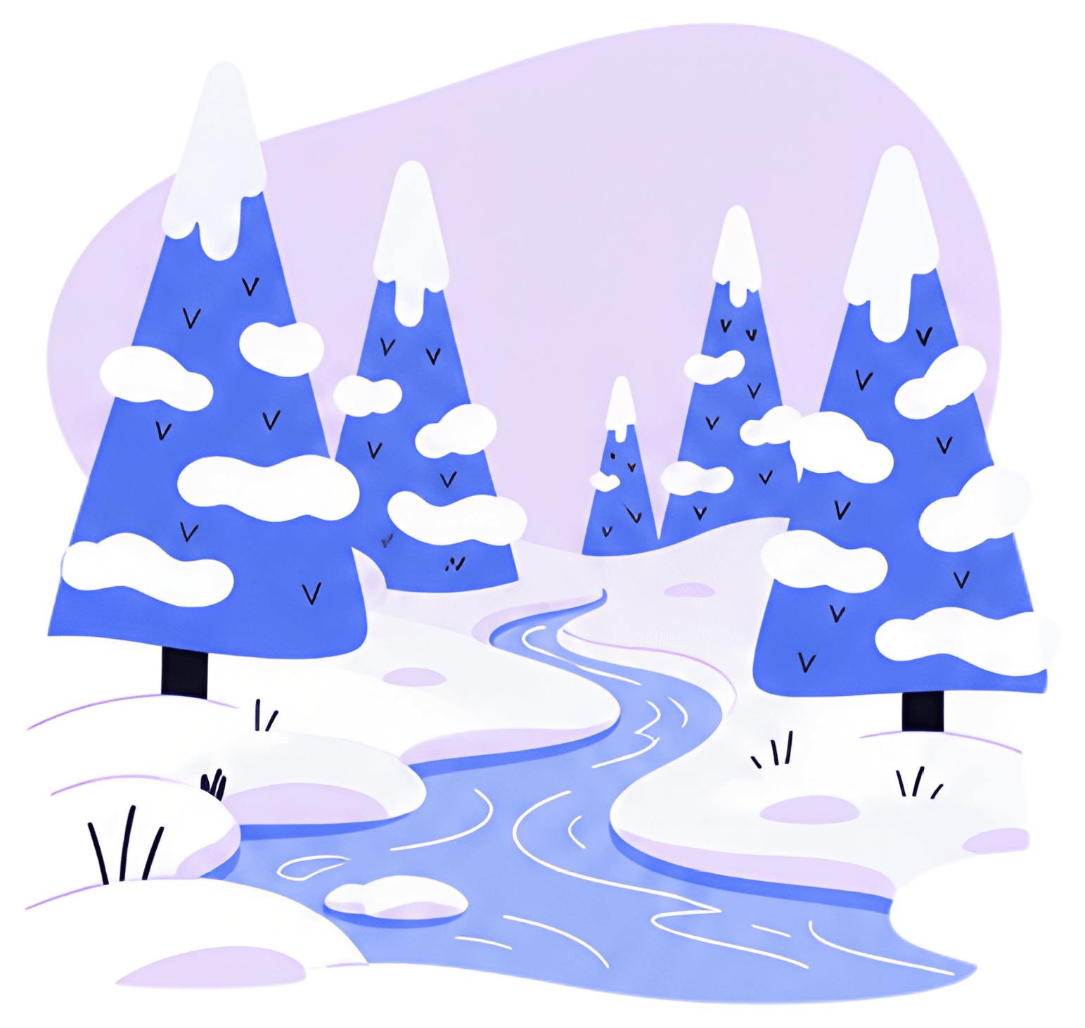 A serene snowy landscape features fluffy blue fir trees adorned with white snow. An icy river winds through the scene, reflecting soft hues against a gentle pink background, creating a tranquil winter
