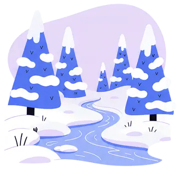 Snowy forest with icy river