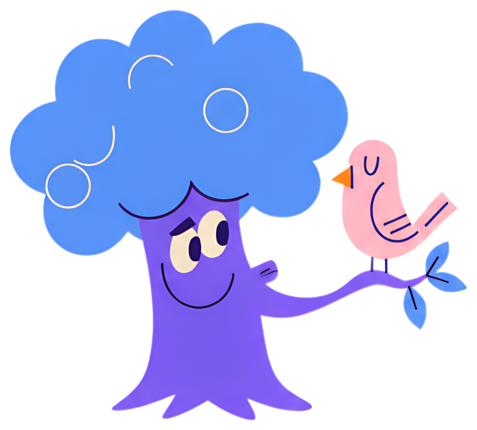 A cheerful cartoon tree with a bright blue canopy and a smiling purple trunk holds a pink bird on its branch, surrounded by soft shapes. The tree has expressive eyes and a content expression, adding a
