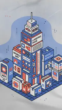 A vibrant, retro-style illustration of a cityscape made up of various brand elements including buildings for landing pages, mobile apps, and social networks. The structure is designed with a flat, iso