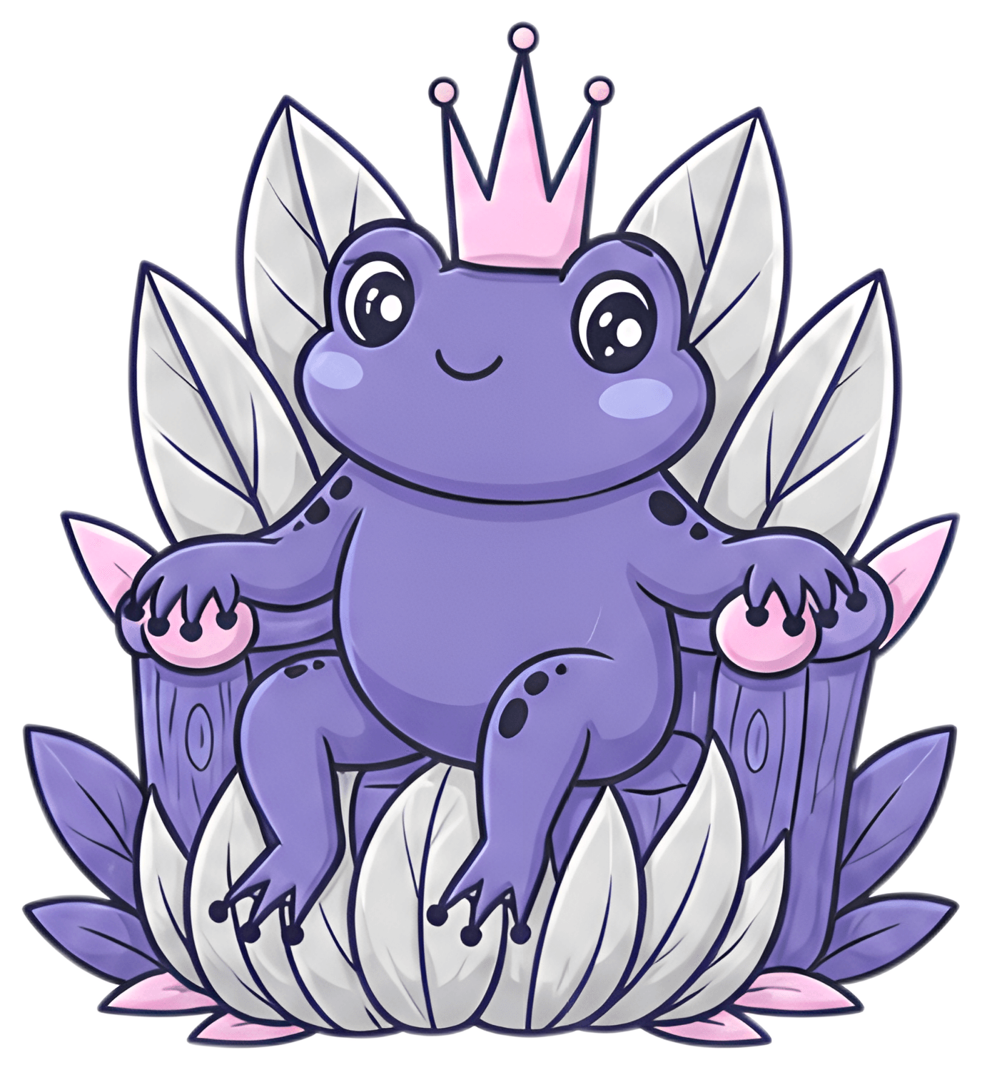 A cheerful purple frog with a pink crown sits elegantly on a throne made of lush green leaves. The frog rests its arms on the throne's pink-accented armrests, surrounded by stylized foliage, creatinga
