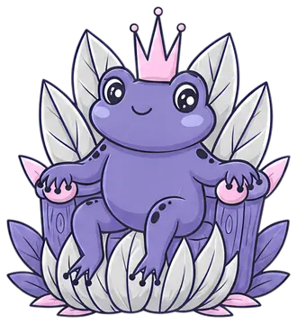 Joyful purple frog crowned on a leaf throne