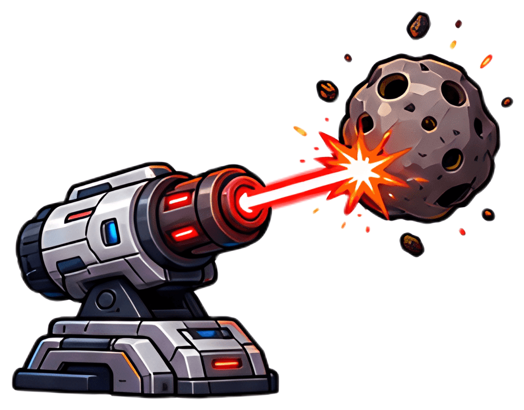 A futuristic laser cannon is actively firing a bright red laser beam towards a detailed asteroid, which is shown with craters and debris flying around it. The metallic cannon features a sleek, silver,