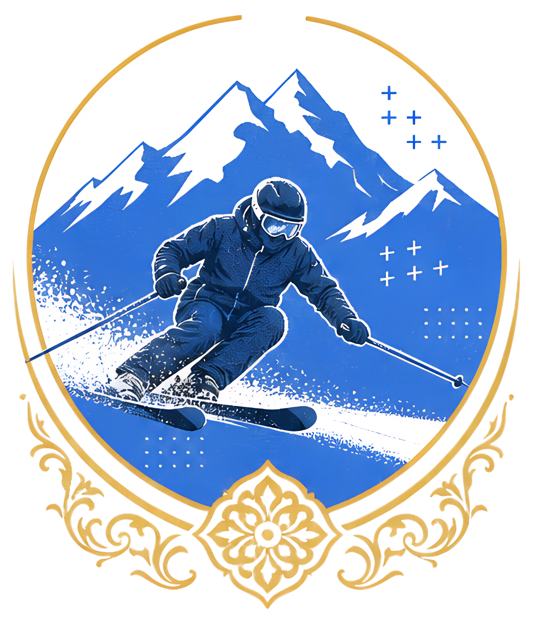 Dynamic Skier Against Snowy Mountains