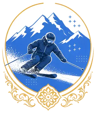 A skier in motion gracefully carves through snow with a backdrop of majestic mountains. The illustration features intricate Arabic patterns along the edges, complemented by a gold and deep blue color.