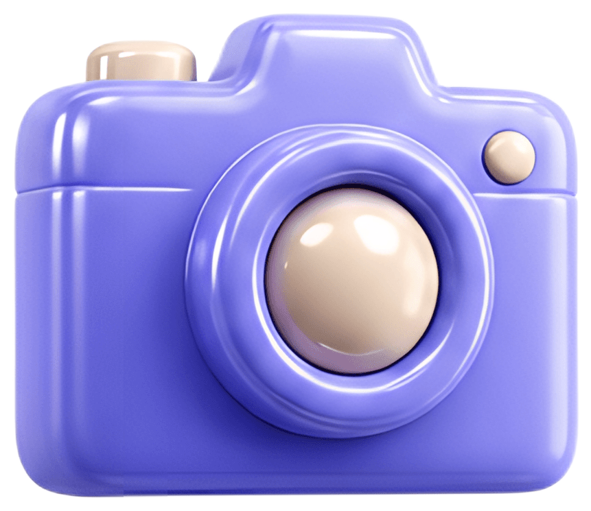 A stylized 3D camera rendered in a soft purple shade with a prominent lens in a lighter beige color. The design features a glossy finish, giving it a playful, modern appearance.
