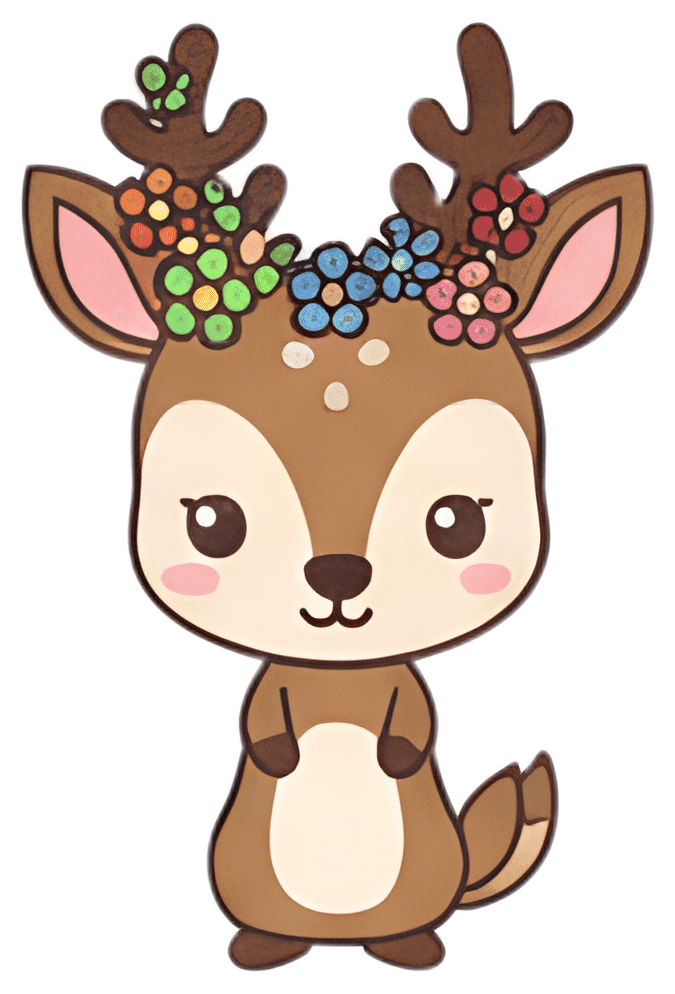 A cute deer character stands with a friendly expression, adorned with colorful flowers in its antlers. The deer has a predominantly brown body with white accents and large, expressive eyes, creating a