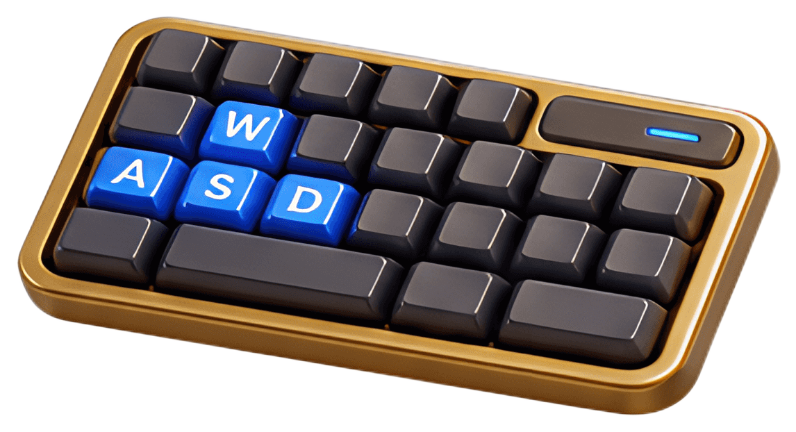 A close-up view of a gaming keyboard featuring illuminated blue keys for W, A, S, and D, while the other keys are in black. The keyboard has a stylish gold frame and a blue light indicator on the side