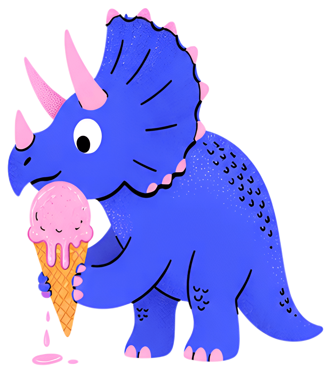 A cute blue triceratops holds a melting waffle ice cream cone with a pink scoop. The dinosaur has vibrant pink details on its horns and frill, contrasting with the pastel colors of the melting ice. Dr