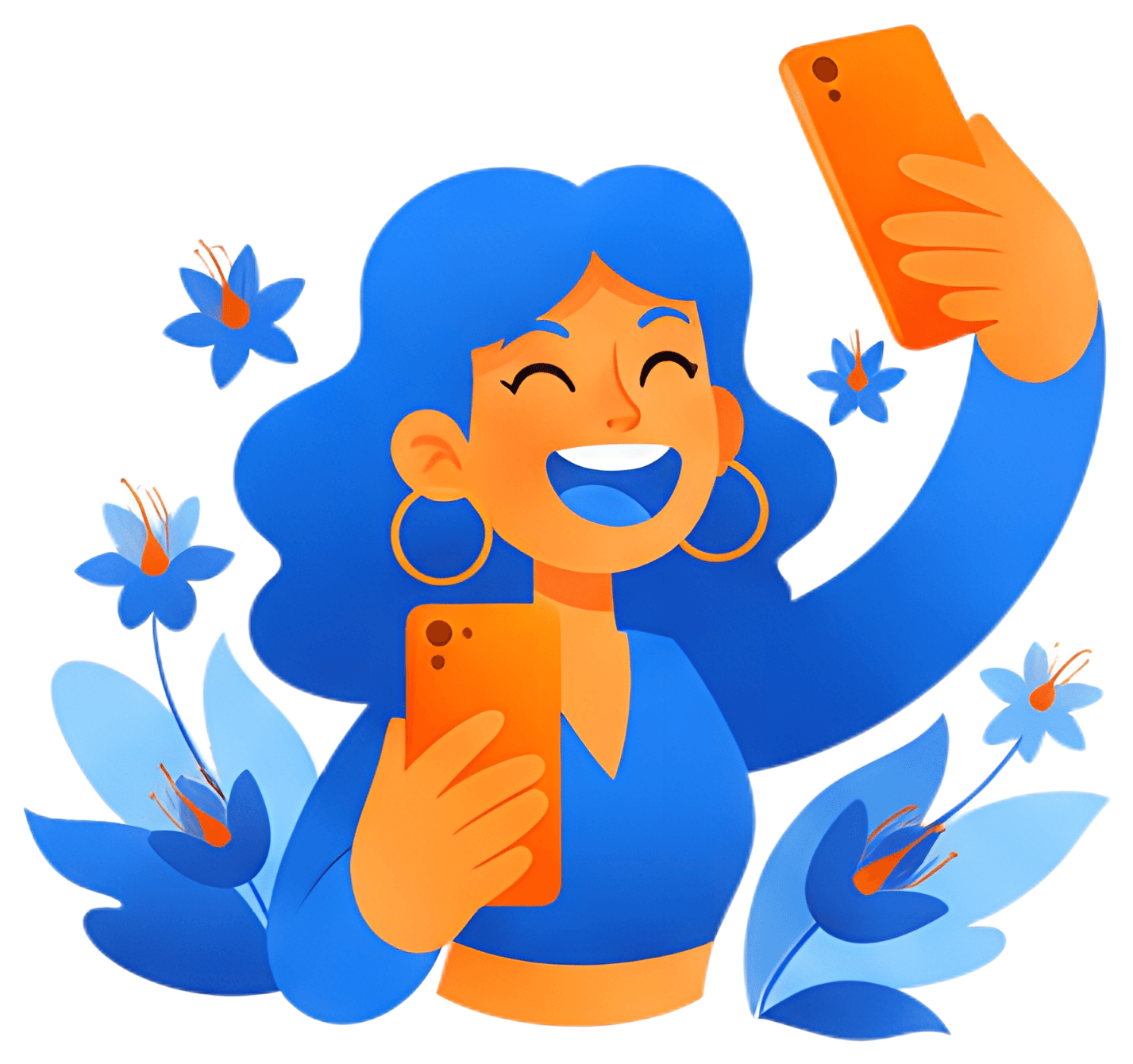 A cheerful girl with vibrant blue hair and orange hoop earrings happily poses for a selfie, holding two orange phones. She is surrounded by stylized blue flowers, enhancing the lively atmosphere of a