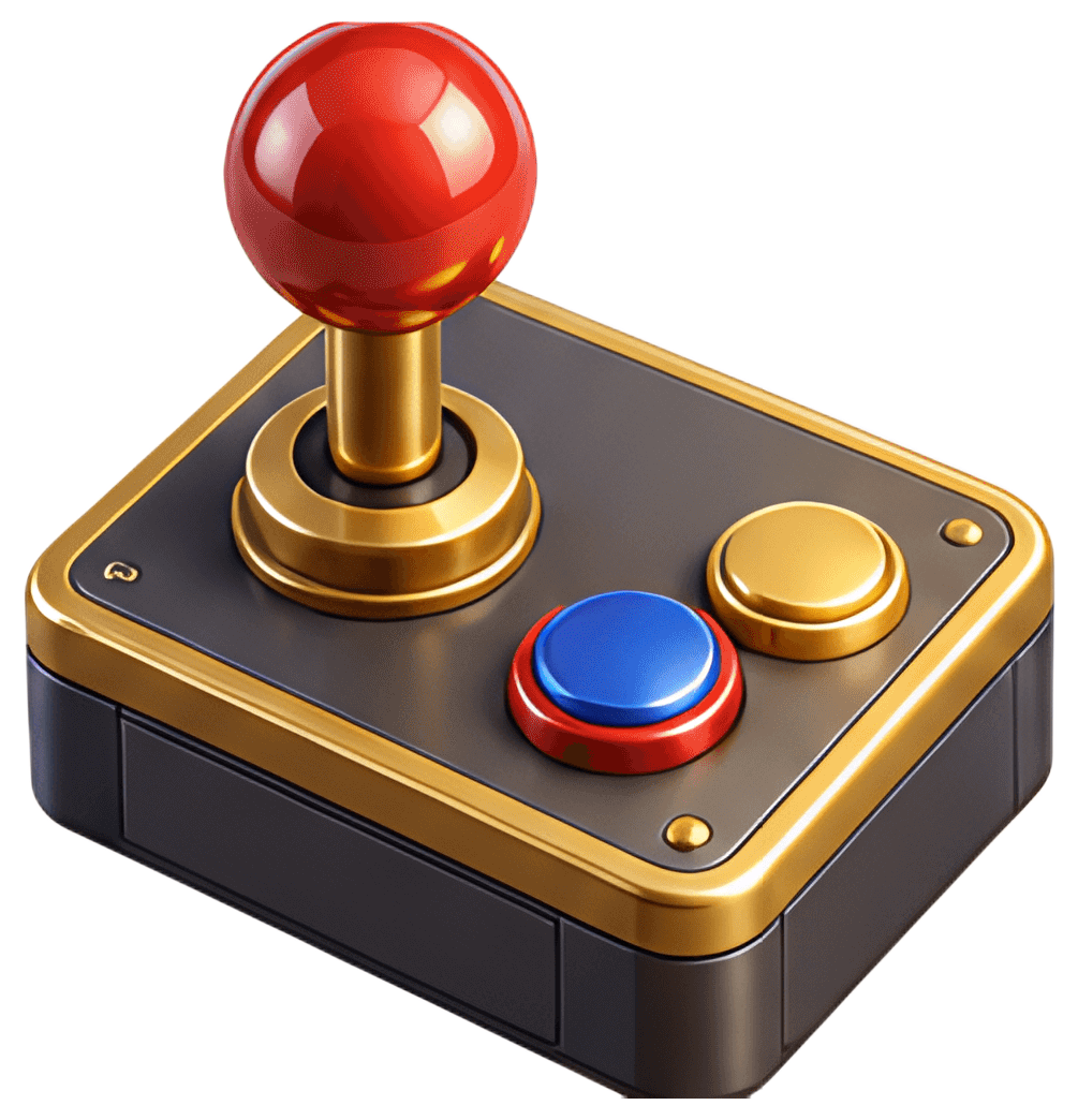 A vintage arcade joystick features a bright red ball-top lever and two buttons: one blue and one yellow. The joystick's base is sleek and metallic, framed with a gold trim, giving it a classic arcade,